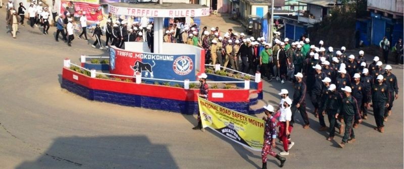 Personnel of DEF Mokokchung, 23 Assam Rifles, NCC Cadets, members of Run Mokokchung participate in the walkathon organized by District Road Safety Committee, Mokokchung on February 15. (DIPR Photo) 